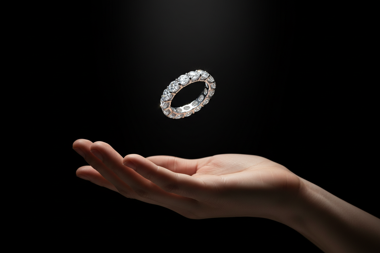 a ring stile with diamond around and a hand under like is floating with a back bacground